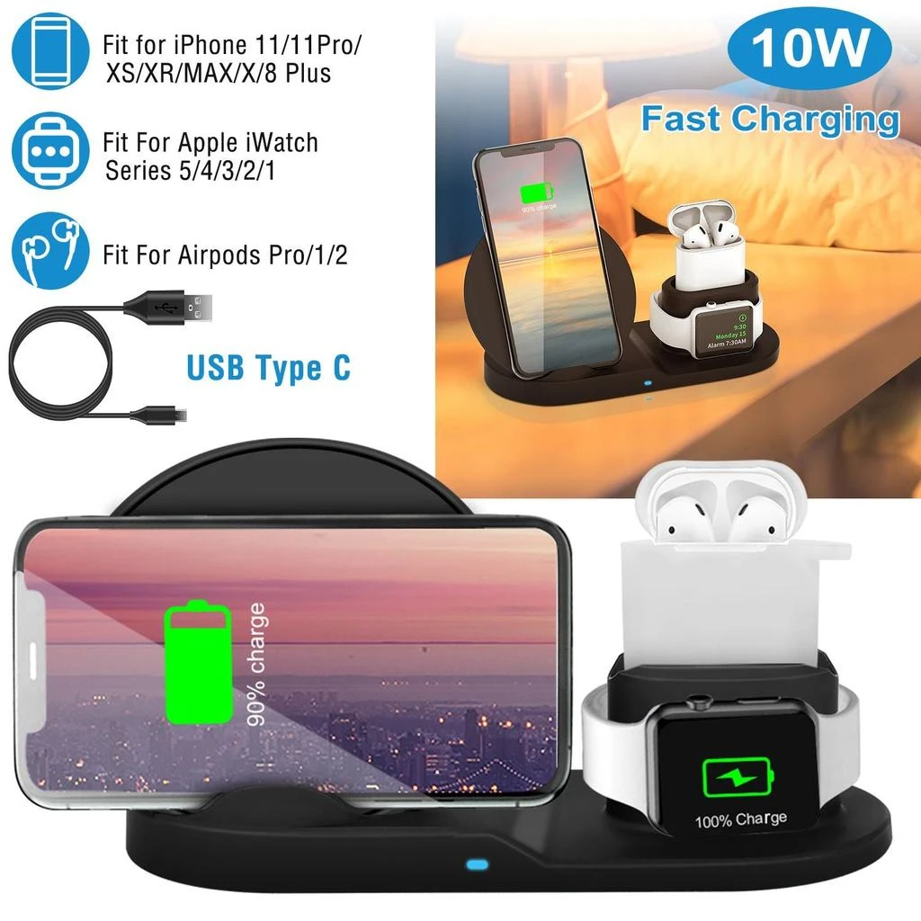 DIGI-POWER Wireless Charger 10W Fast Charging Station For iPhone Apple iWatch Series 5/4/3/2/1 AirPods