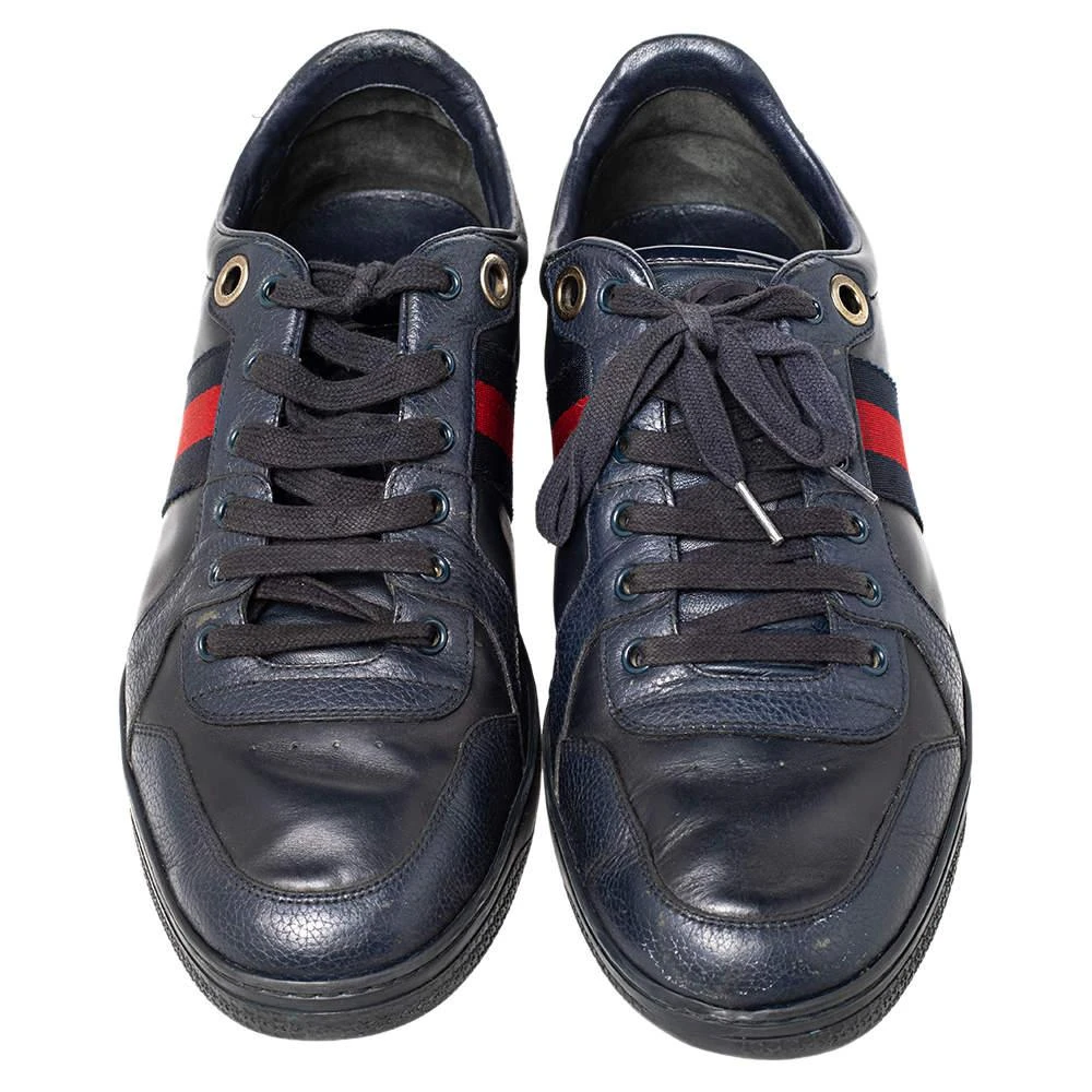 Gucci Gucci Navy Blue Leather And Canvas Web Low Top Sneakers Size 44 3