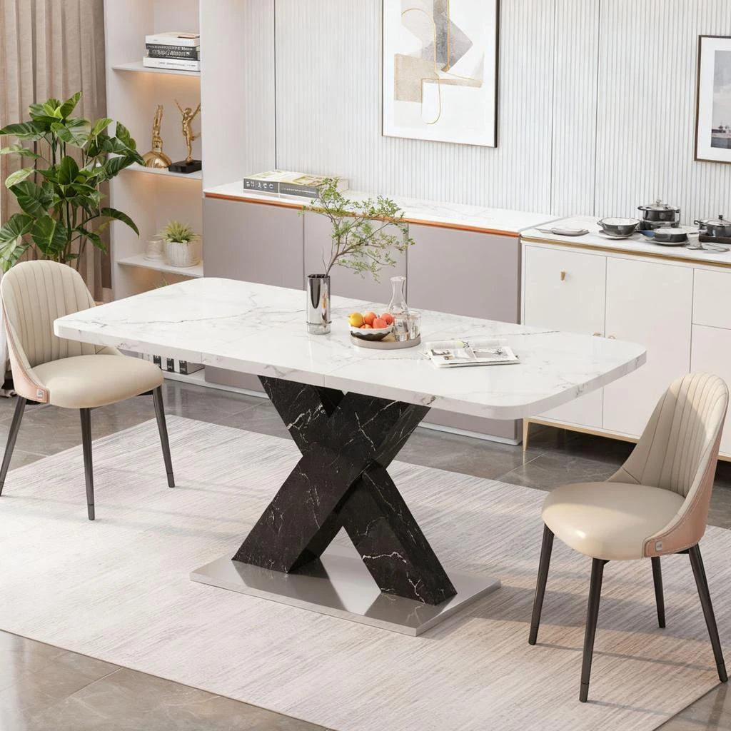 Streamdale Furniture Streamdale Modern Rectangle Dining Table, Stretchable, White Marble Top, Black X-Shape Leg 4
