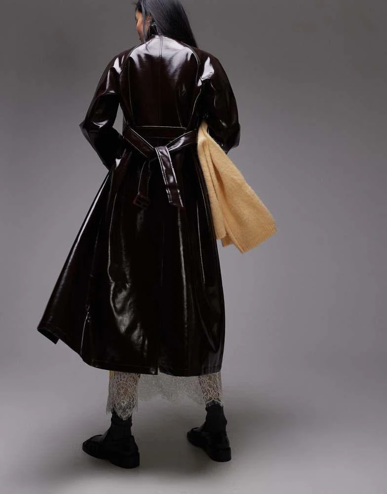 Topshop Topshop longline oversized high shine faux leather trench coat in burgundy 4