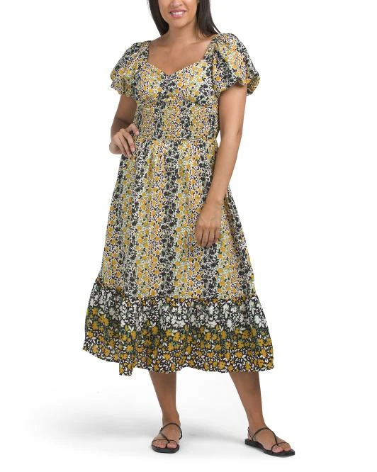 Trendy Outfits Tj Maxx Dresses Plus Size Puff Sleeve Printed Maxi Dress  With Sweetheart Smocked Top