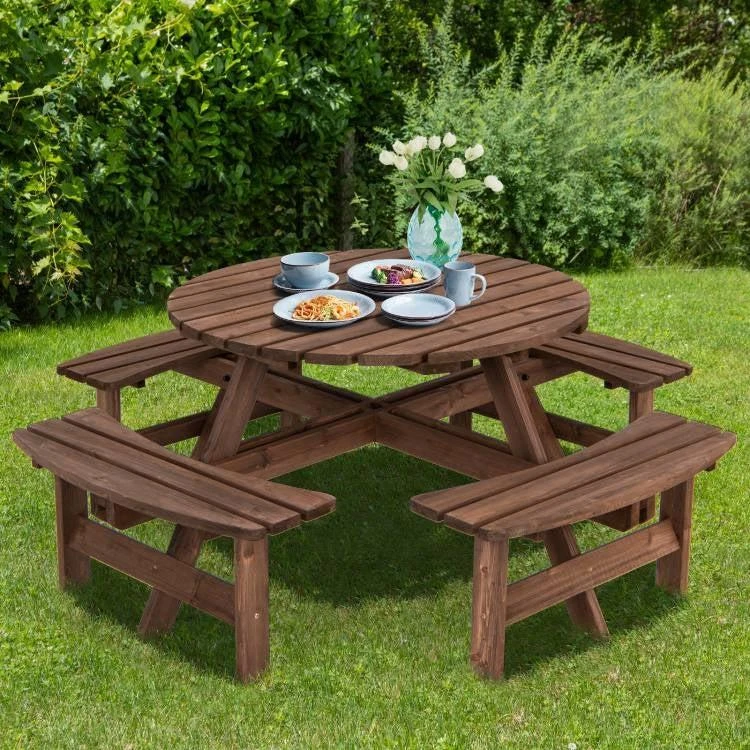 Hivvago Espresso Wooden 8 Seater Picnic Table Umbrella Hole 4