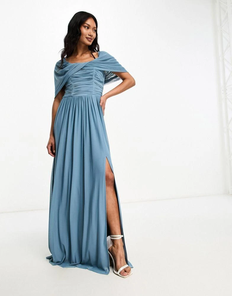 Little Mistress Little Mistress Bridesmaids bardot gathered maxi dress in mesh in blue 4