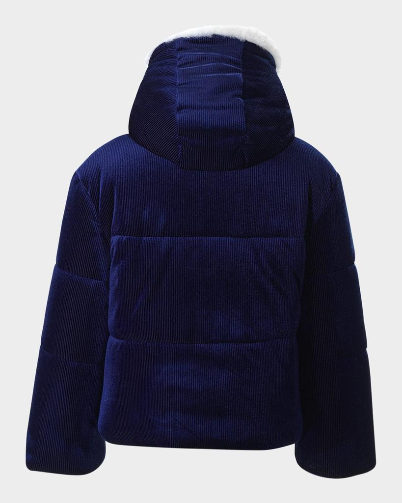 Rachel Riley Girl's Faux Fur Trim Ribbed Hooded Puffer Jacket, Size 2-10