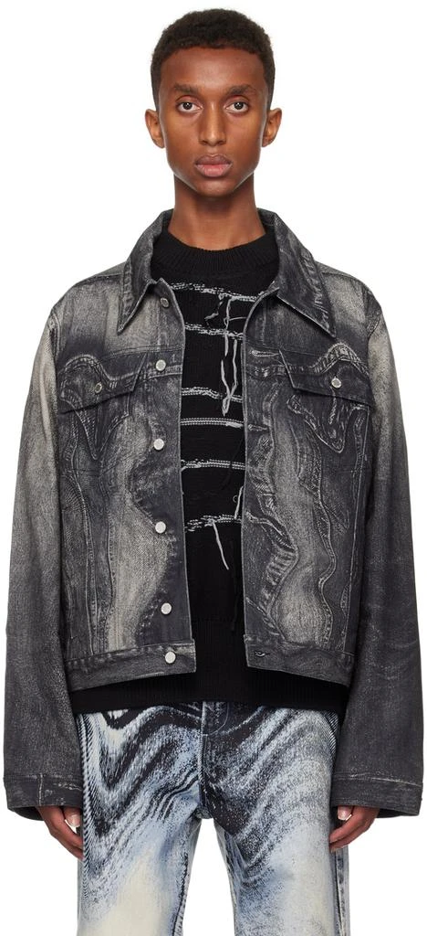 Shop Black Distorted Print Denim Jacket on Sale at BeyondStyle