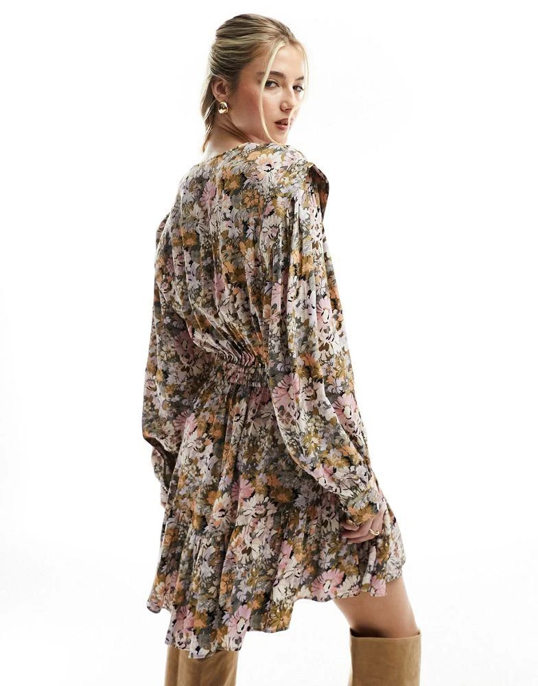 & Other Stories & Other Stories v neck mini dress with volume sleeves in bibi print 3