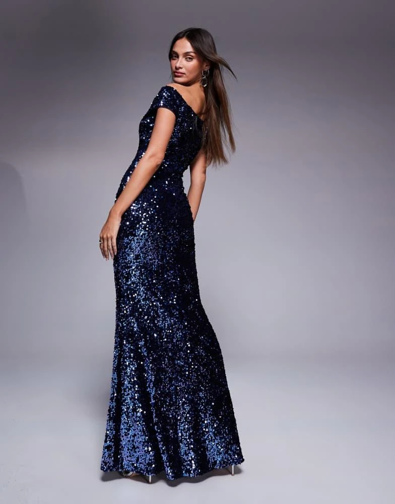 goddiva embroidered sequin mesh maxi dress reviews Goddiva Sequin Embroidered Scallop Bardot Tiered Ruffles Maxi Dress Blush main image 0