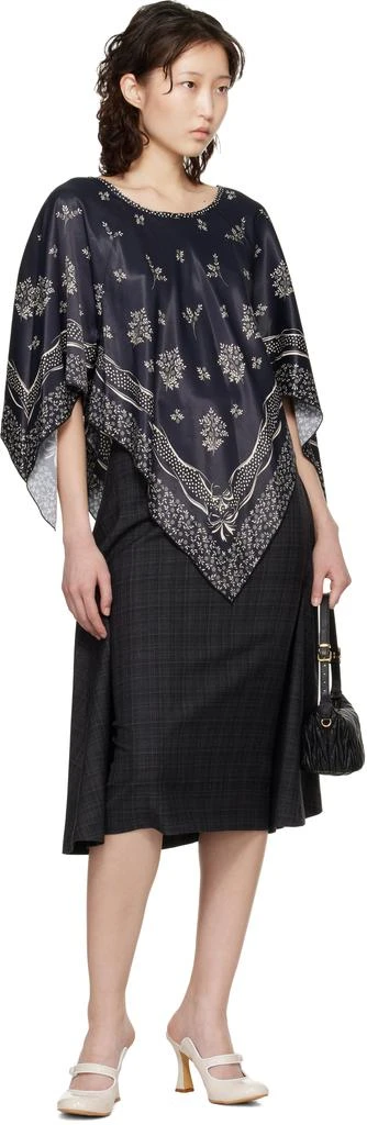 Anna Sui Black Ribbon Handkerchief Satin Print Poncho Blouse 4