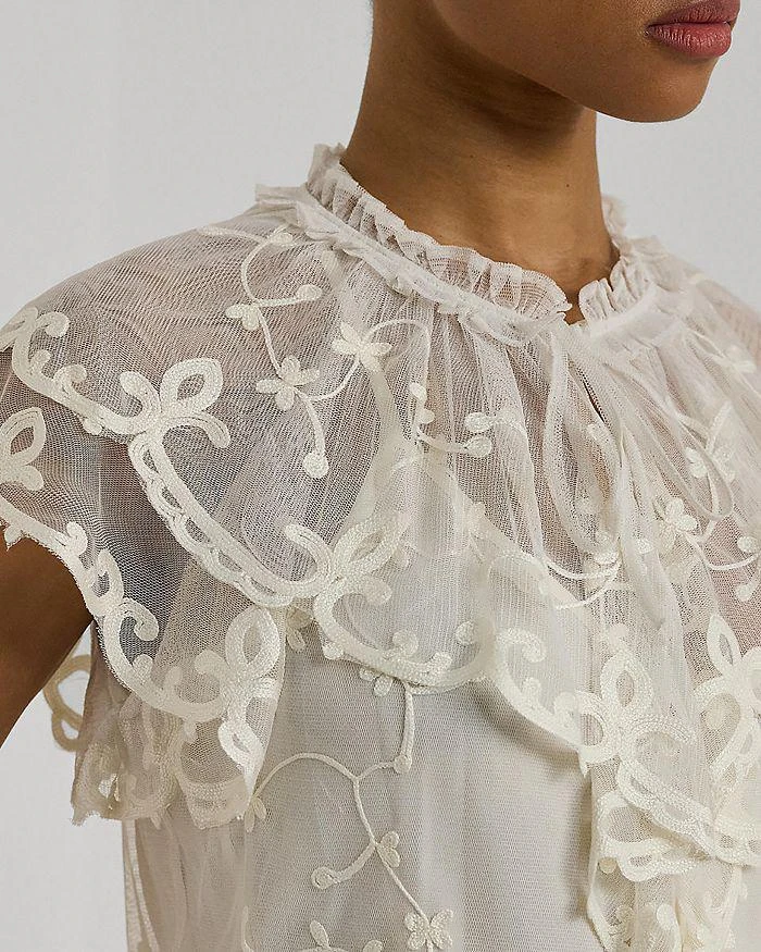 Ralph Lauren Ruffle Trim Embroidered Mesh Blouse 5