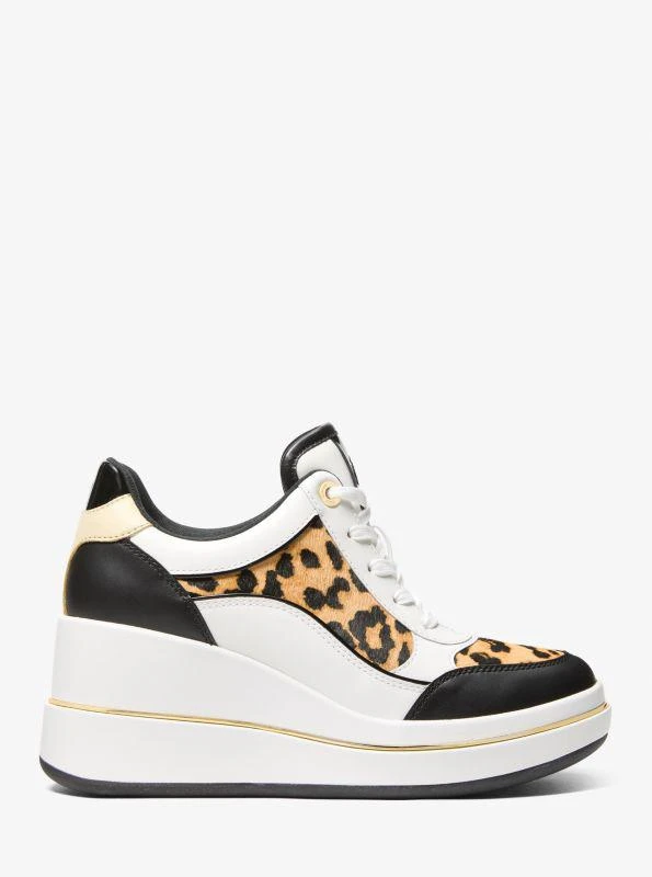 Michael Kors Emmy Leather and Leopard Print Calf Hair Wedge Trainer 3