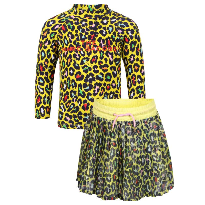Little Marc Jacobs Colorful leopard print long sleeved logo t shirt and glitter thread details skirt set in yellow