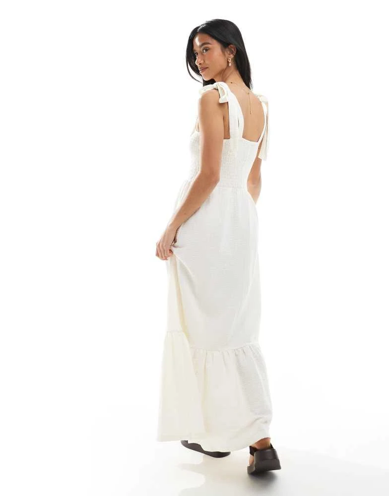 Miss Selfridge Miss Selfridge Petite seersucker tie shoulder tiered maxi dress in vanilla 4