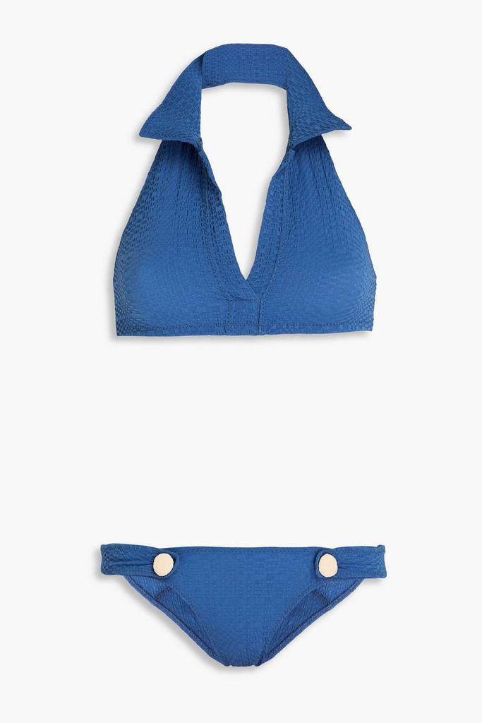 LISA MARIE FERNANDEZ Polo button-embellished seersucker halterneck bikini
