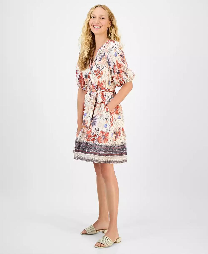 julia jordan Women's Printed Puff-Sleeve Tie-Waist Dress