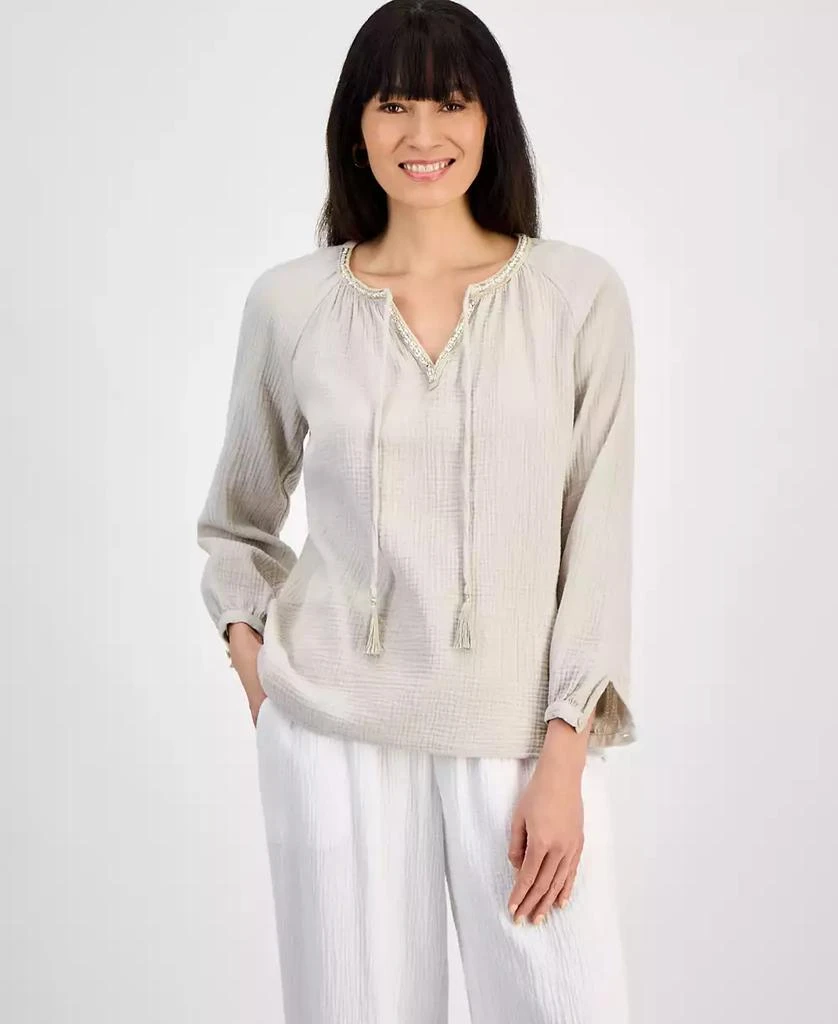 JM Collection Petite Cotton Embellished-Split-Neck Top, Exclusively at Macy's 1