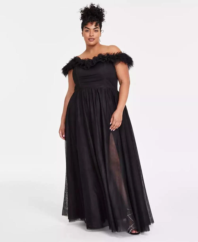 City Studios Trendy Plus Size Tulle-Trim Off-The-Shoulder Gown, Created for Macy's 7