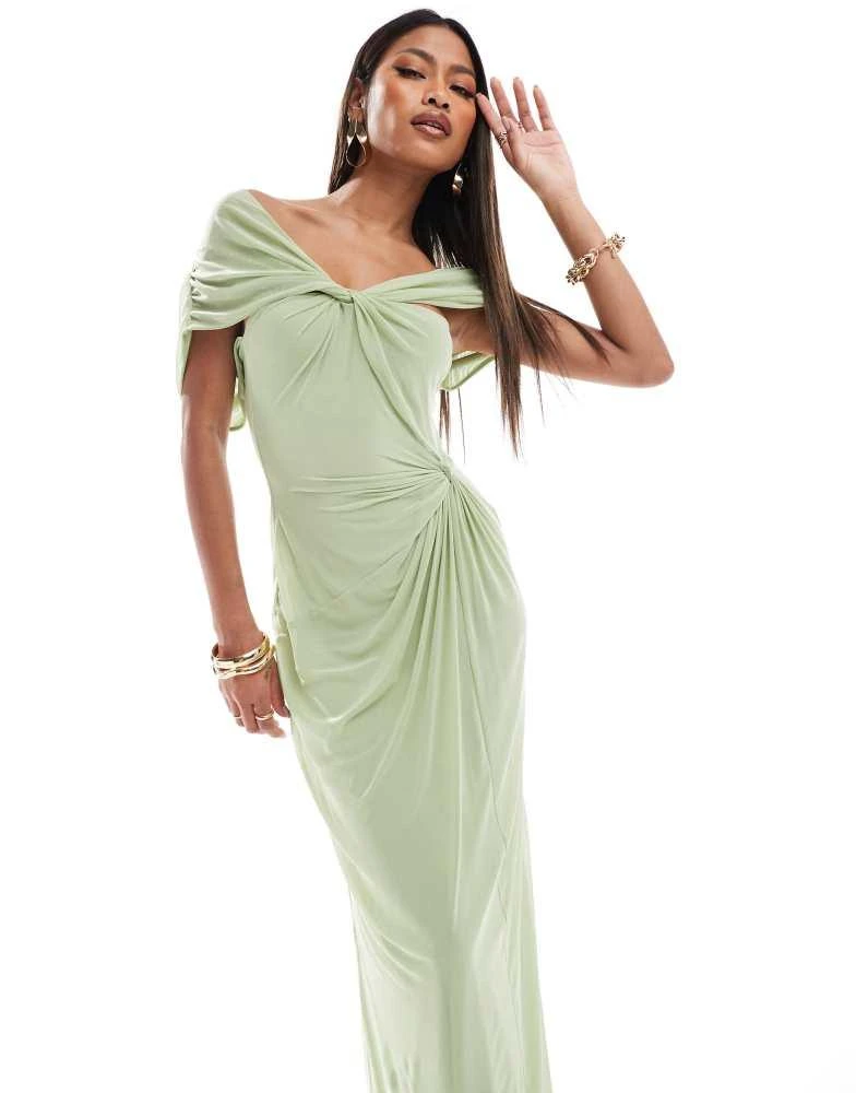 ASOS ASOS DESIGN mesh off shoulder twist bust detail midi dress in sage green 3
