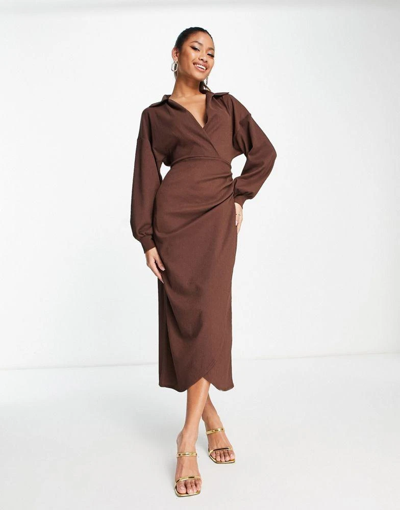 ASOS ASOS DESIGN textured collared wrap midi dress in brown 4