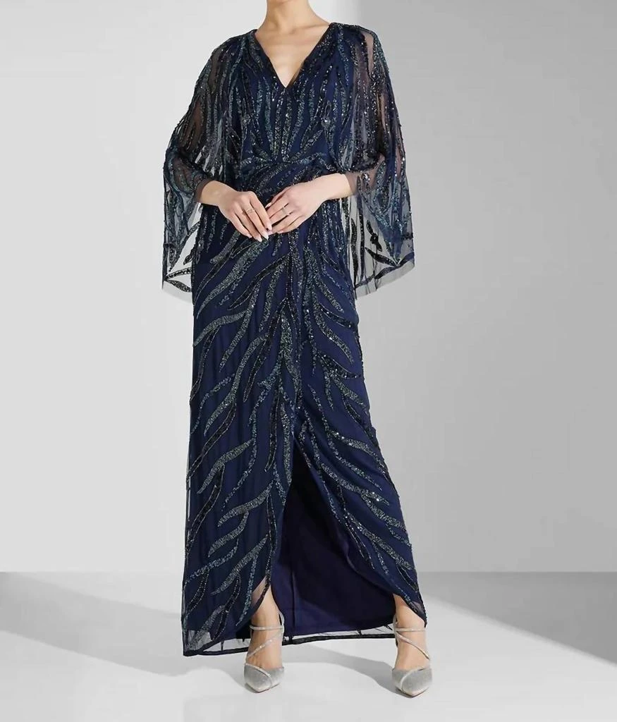 Aidan Mattox V-Neck Beaded Evening Gown In Navy Blue 2
