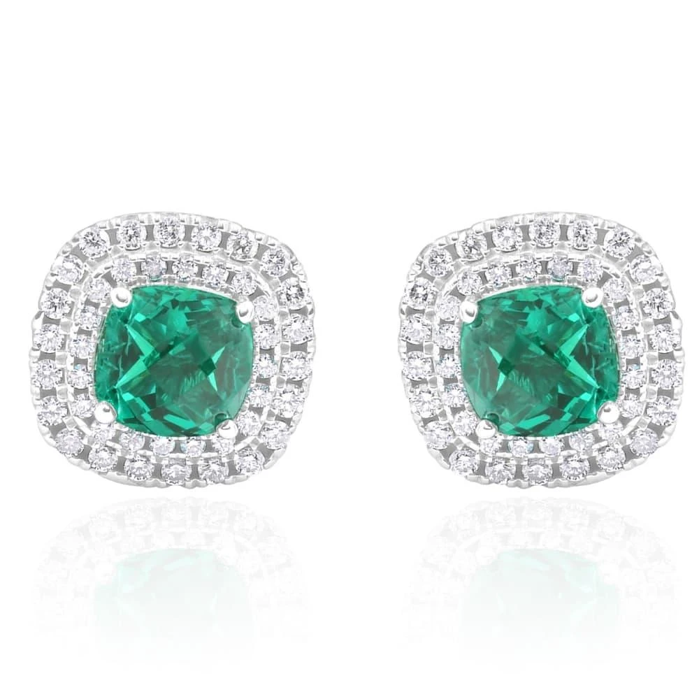 Pompeii3 4Ct Emerald 
Lab Grown Diamond Cushion Halo Studs 14k White Gold