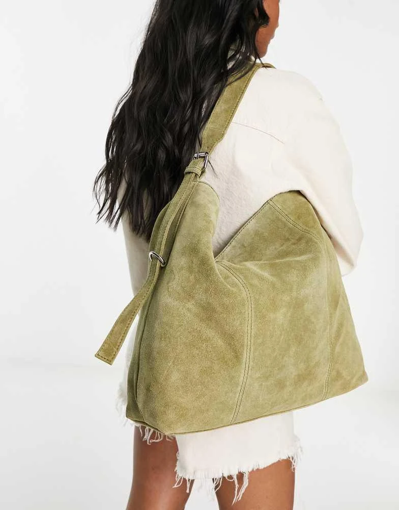 ASOS ASOS DESIGN suede tote bag with buckle in khaki green 1