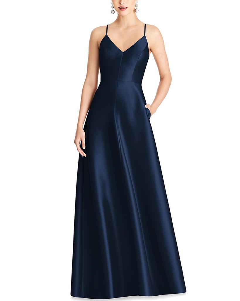 Alfred Sung Alfred Sung V-Neck Full Skirt Satin Maxi Dress