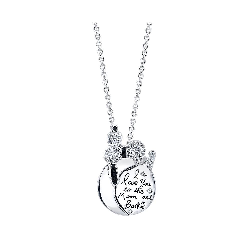 Peanuts Snoopy  "I Love You To The Moon" Plated Silver Crystal Pendant Necklace, 16" + 2" Extender for Unwritten