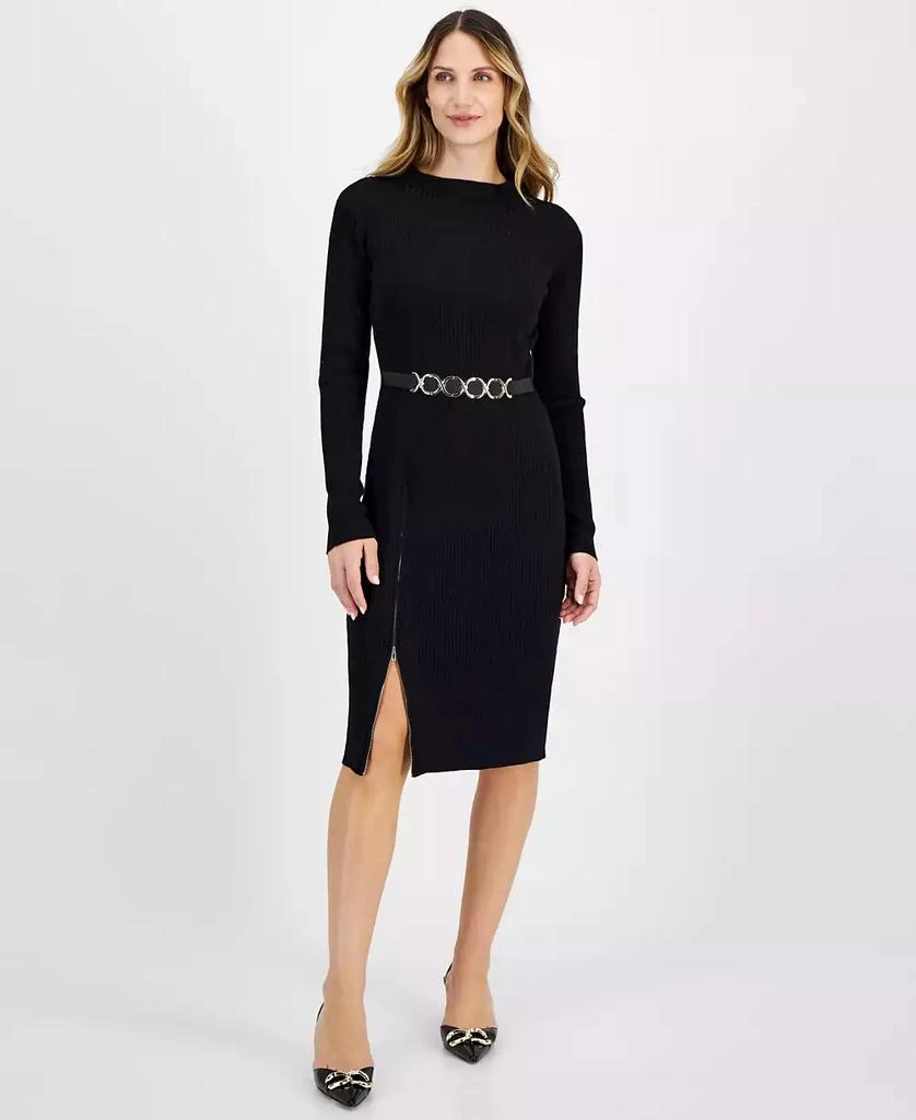 Robbie Bee Women's Ribbed Belted Side-Slit Sweater Dress 1
