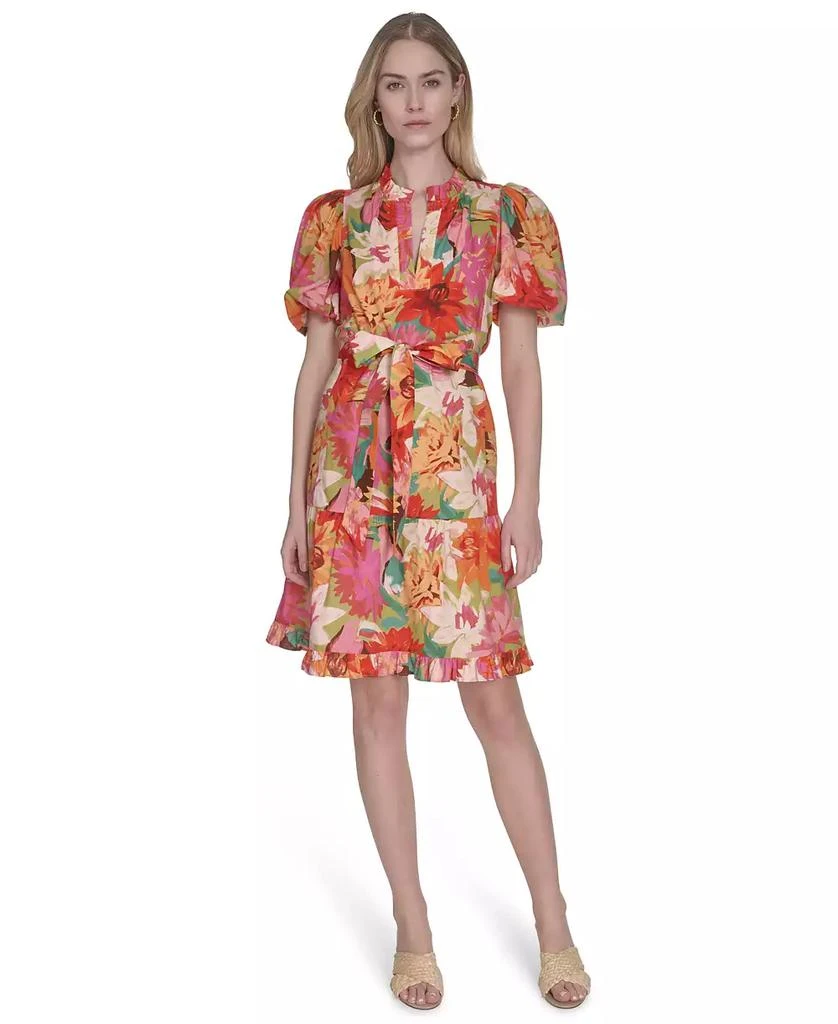 Shop Petite Cotton Floral-Print Puffed-Sleeve Dress on Sale at