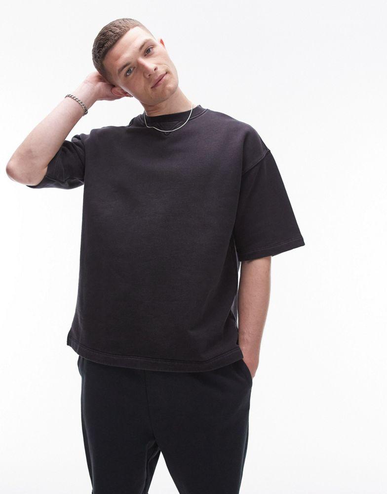 Topman Topman oversized fit short sleeve sweatshirt in washed black