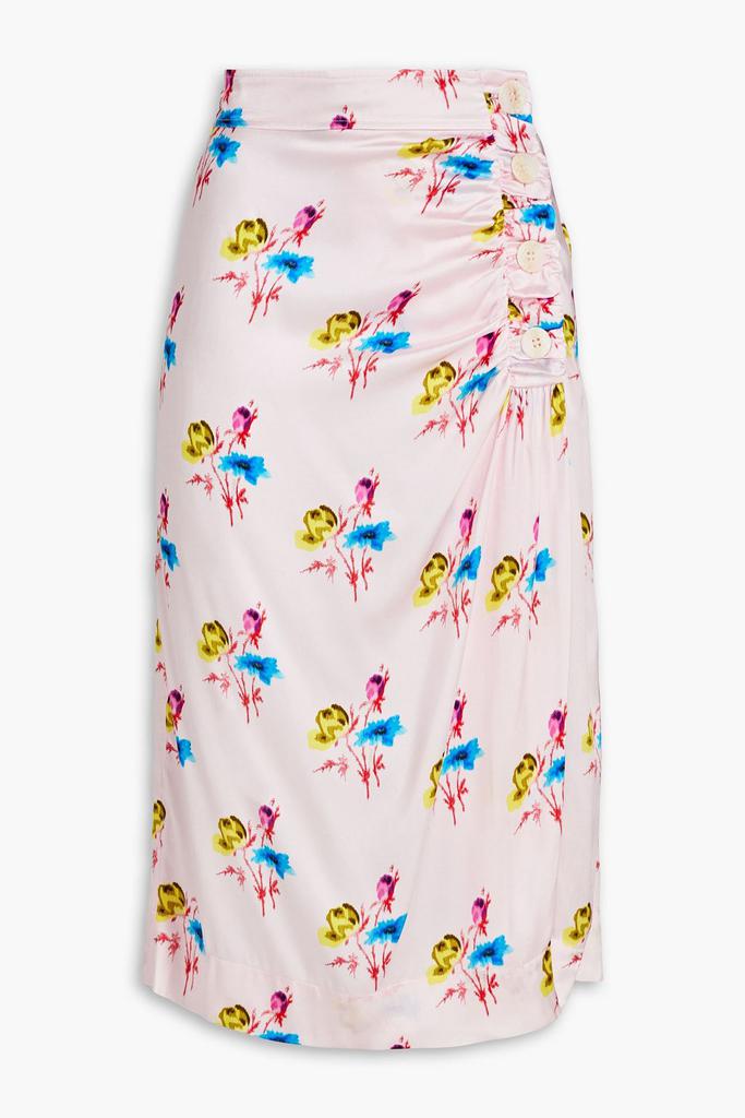 Ganni Ruched floral-print silk-blend satin midi wrap skirt
