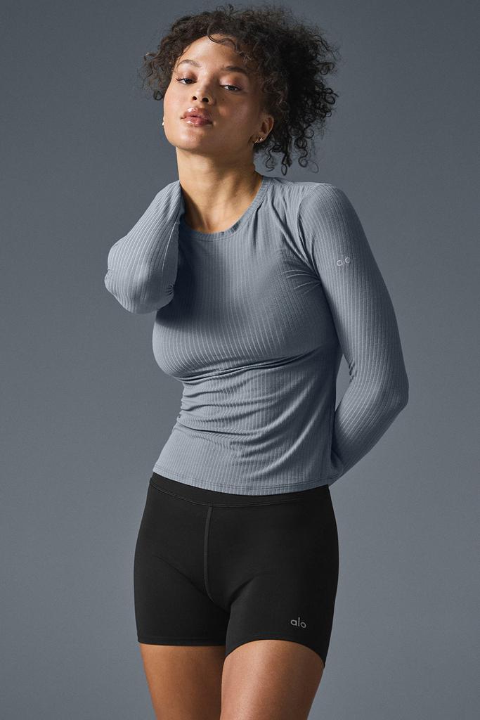 Alo Ribbed Sea Coast Long Sleeve - Steel Grey - Yoga - Free Alo Ribbed Sea Coast Long Sleeve - Steel Grey - Yoga - Free