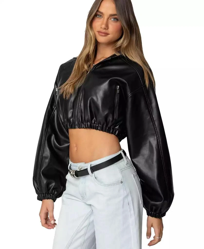 Edikted Women
s Hooded Faux Leather Cropped Jacket 3