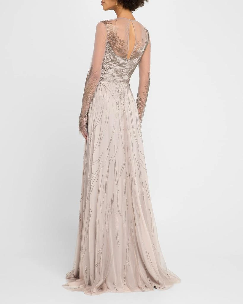 Naeem Khan Abstract Beaded Long-Sleeve Illusion Gown 3