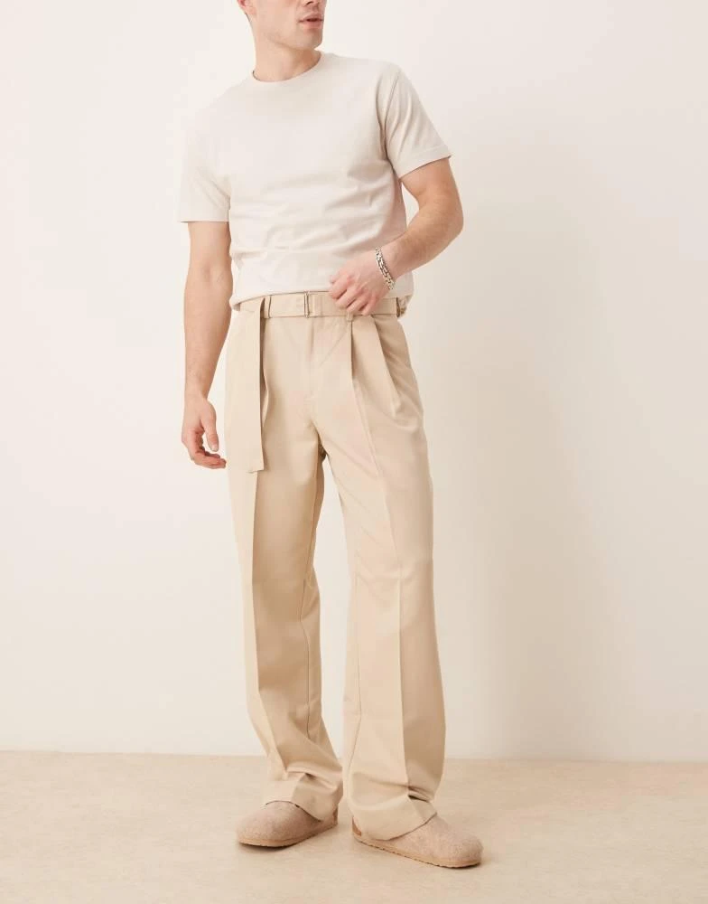 ASOS ASOS DESIGN smart belted wide leg trousers with front double pleats in beige 1