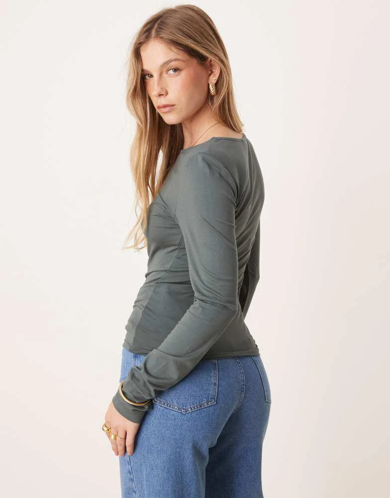 GINA TRICOT Gina Tricot Soft Touch jersey long sleeve top with round neck in grey green 4