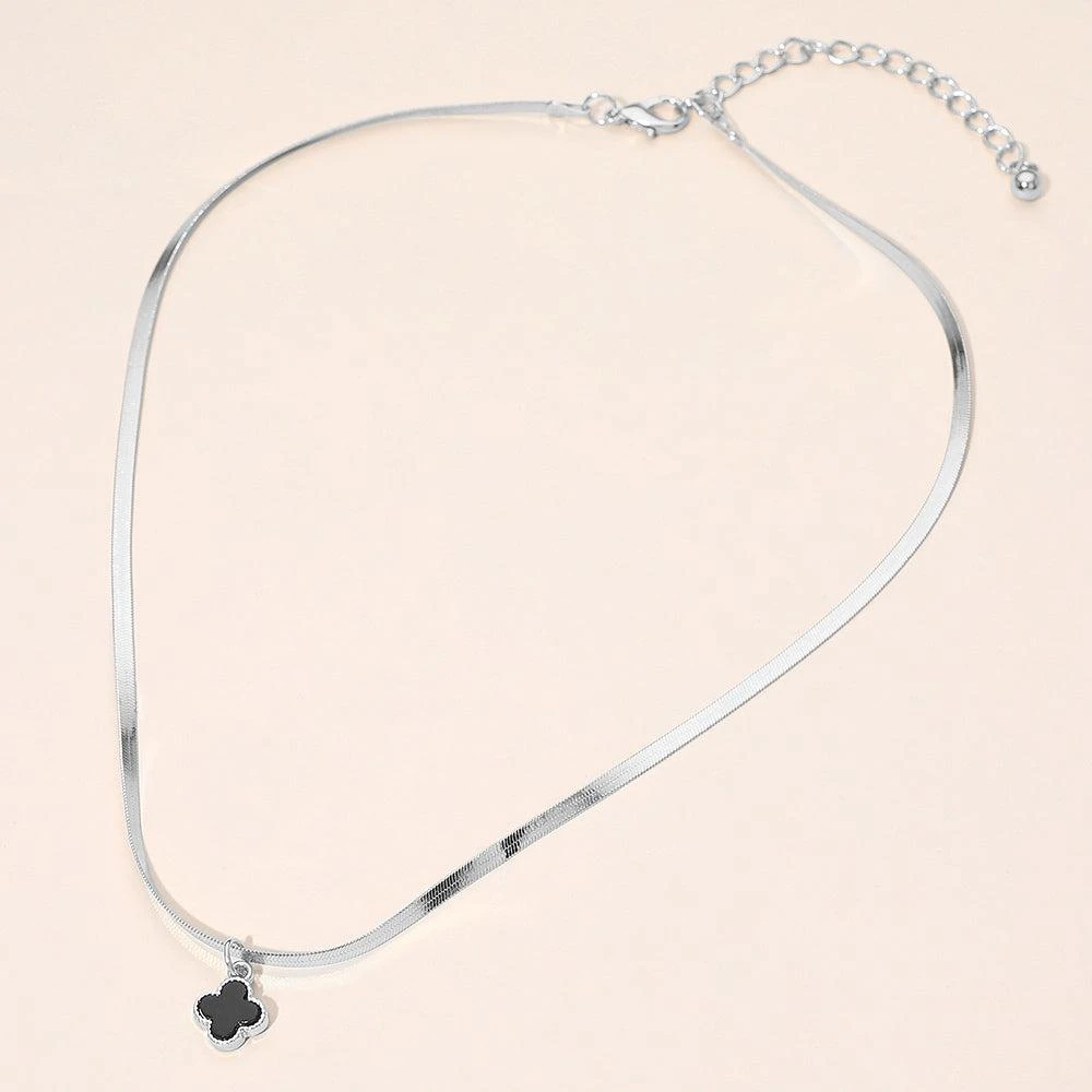 FASHNZFAB Silver Dipped Quatrefoil Pendant Herringbone Chain Necklace 5