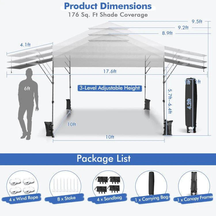 Hivvago 10 x 17.6 Feet Outdoor Instant Pop-up Canopy Tent with Dual Half Awnings-White 6