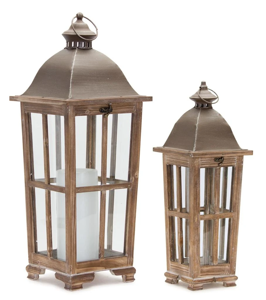 Melrose International Tapered Wood Lantern with Metal Lid (Set of 2) - Brown