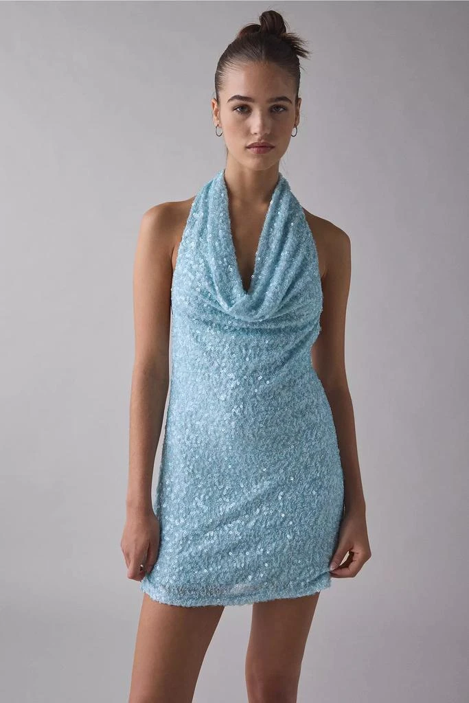 UO Coyote Sequin Halter Bodycon Mini Dress in Blue, Women's L at Urban Outfitters