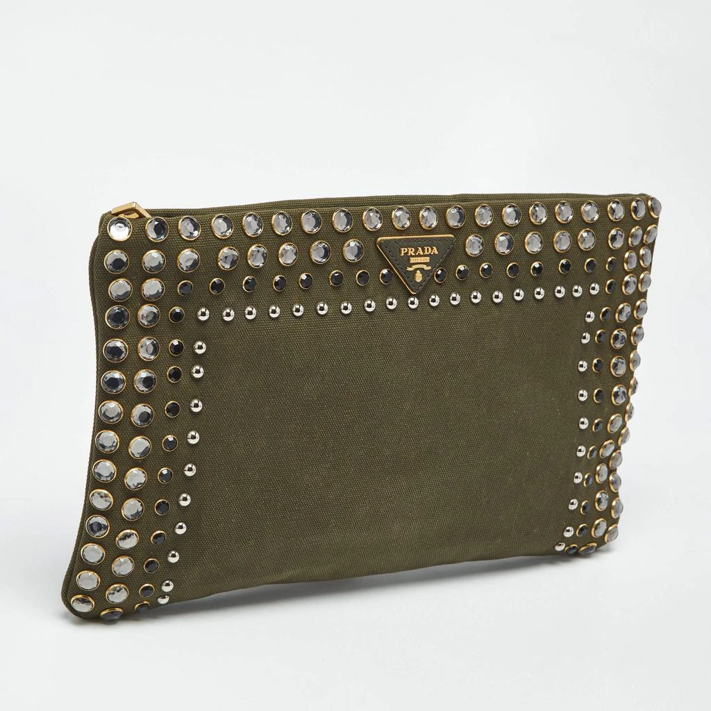 Shop Prada Military Green Canvas Crystal Studded Clutch on Sale at