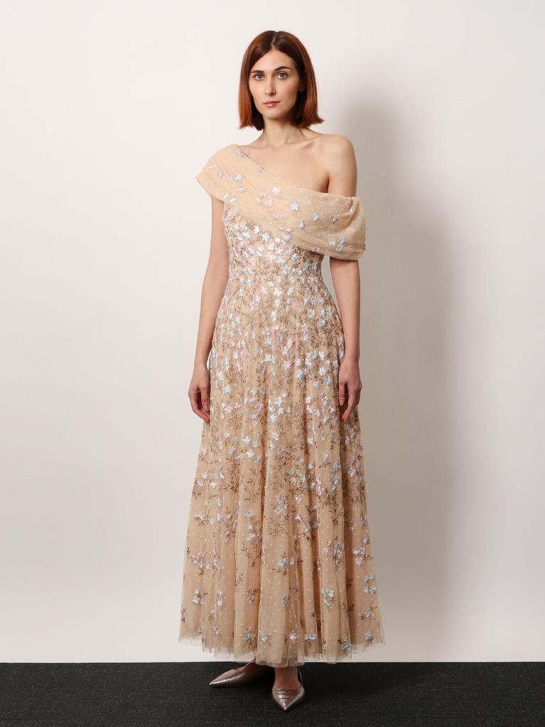 Needle & Thread One-shoulder long dress with multicolor embroidery