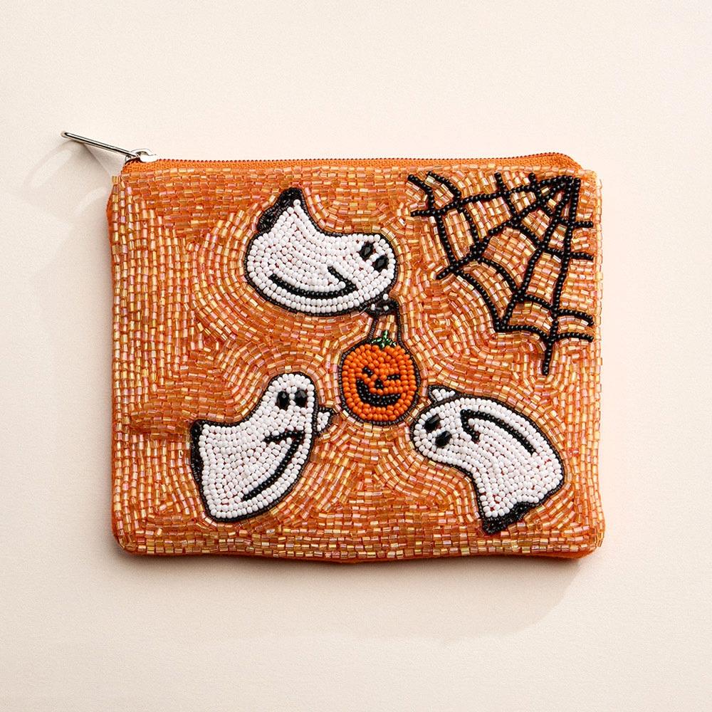 FASHNZFAB Halloween Ghost Pumpkin Web Seed Beaded Mini Pouch Bag