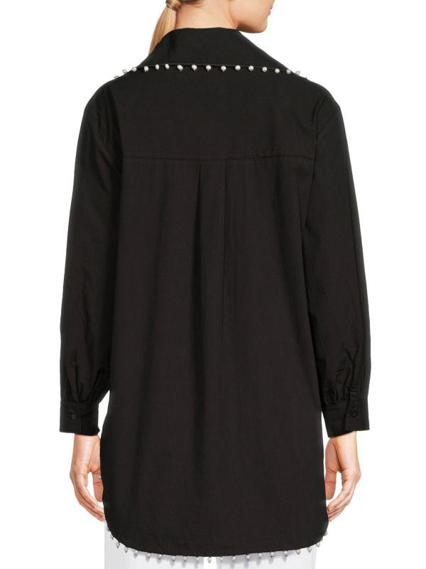 Lea & Viola High-Low Pearl Studded Button Down Shirt