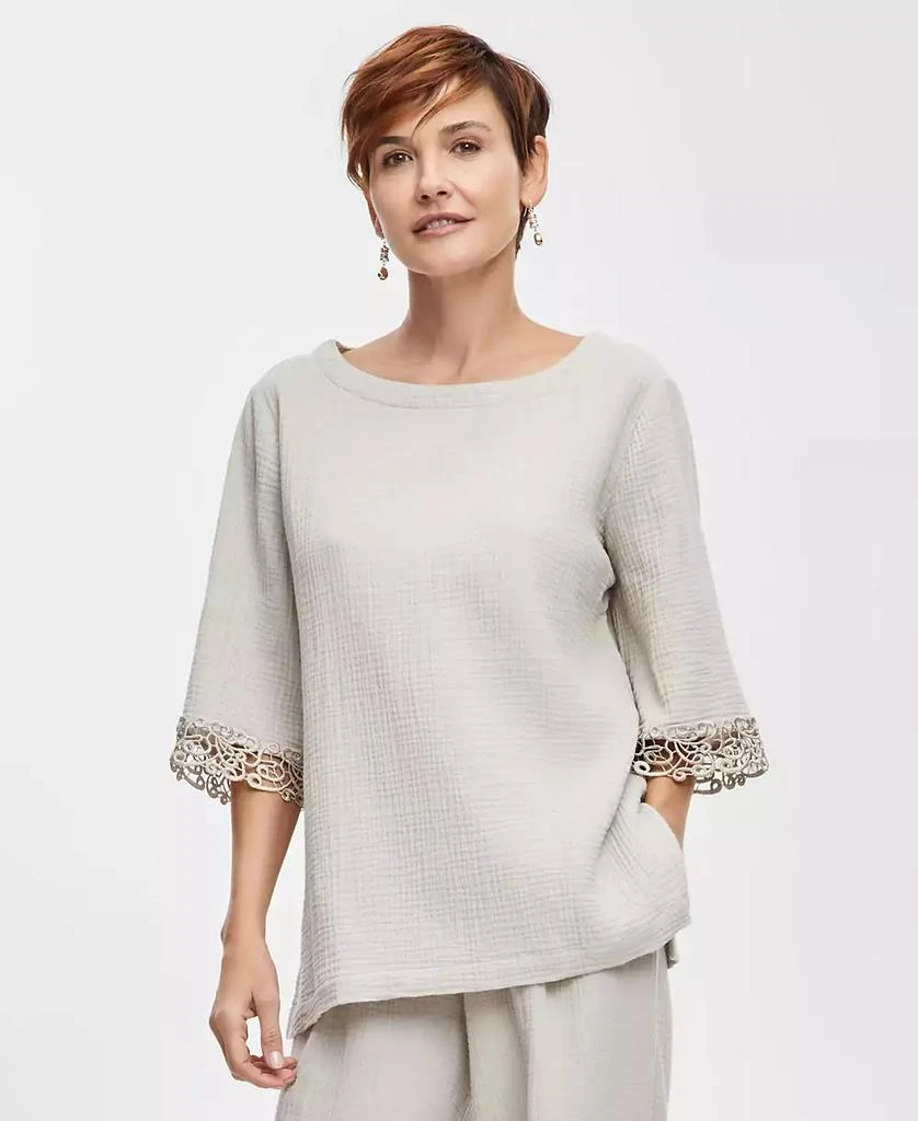 JM Collection Women's Boat-Neck 3/4-Sleeve Gauze Top, Created for Macy's 1