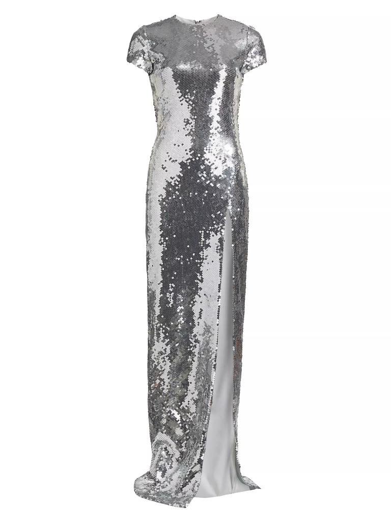 Sergio Hudson Metallic Sequin Short-Sleeve Slit Gown
