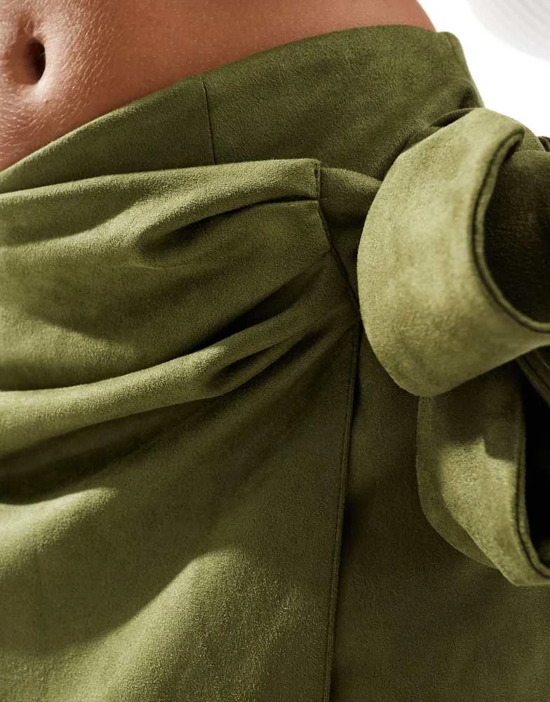 ASOS ASOS DESIGN wrap tie detail faux suede maxi skirt in khaki 2
