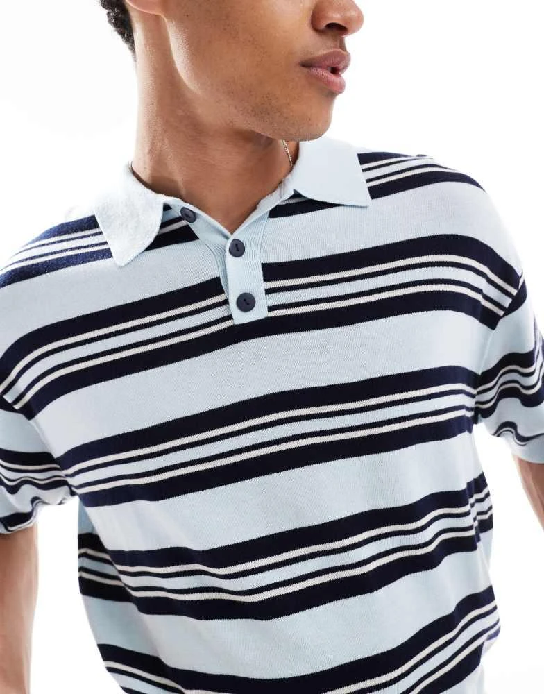 Bershka Bershka retro knitted striped polo in blue 3