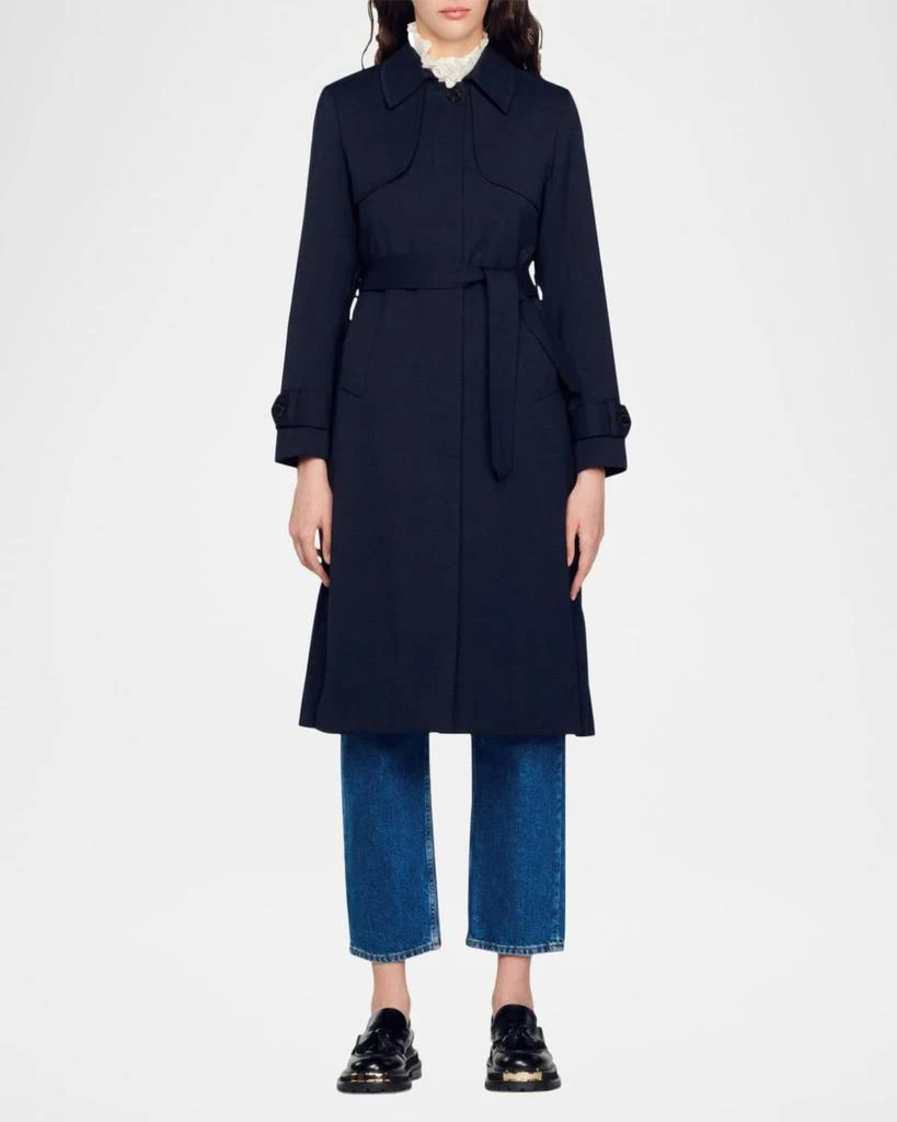 Sandro Navy Pleated-Back Belted Trench Coat 2