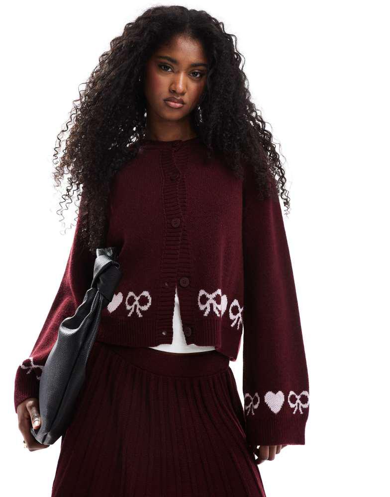 Miss Selfridge Miss Selfridge heart bow fairisle cardigan co ord in burgundy